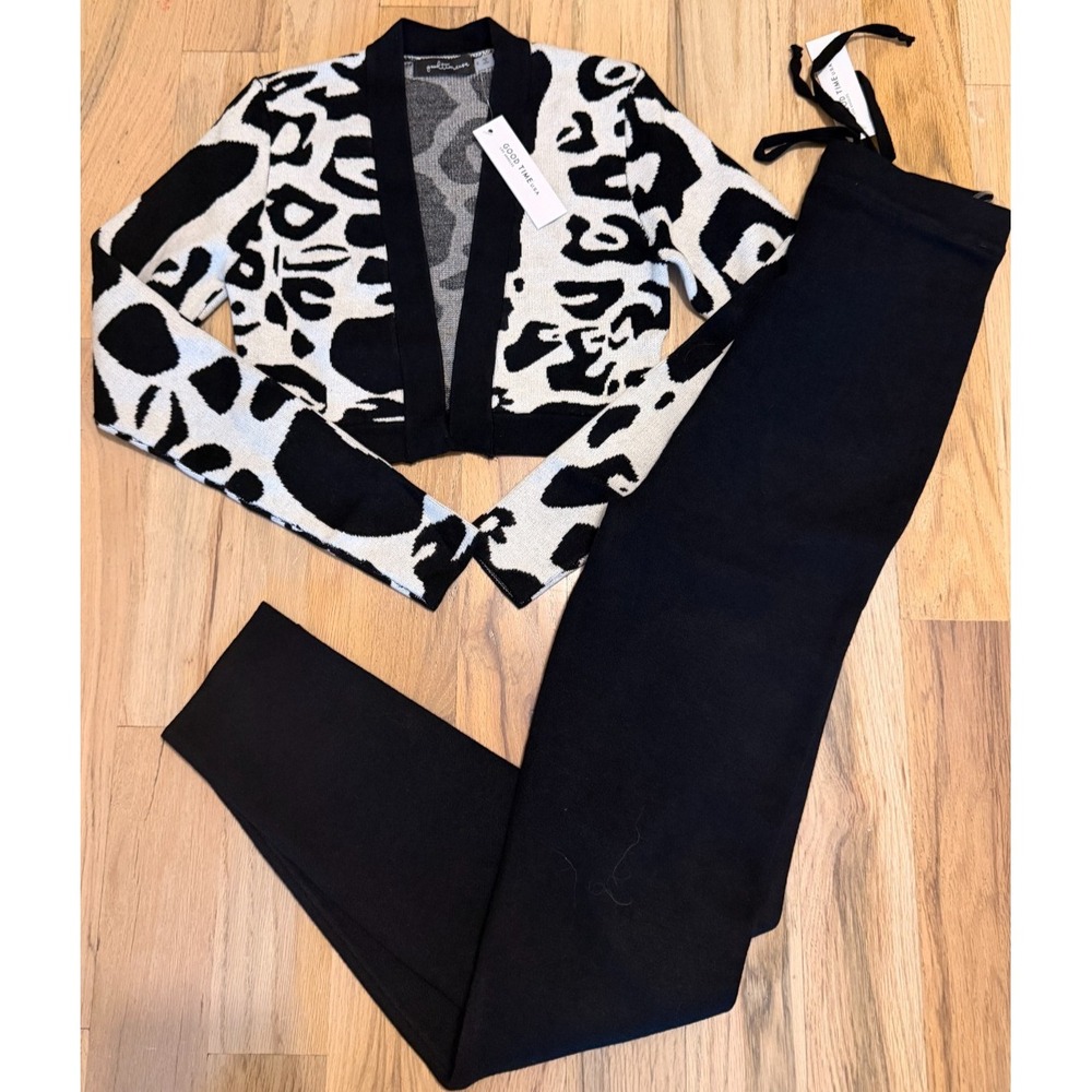 NWT Good Time USA 2 Piece Knit Set Leopard Cardigan Pants Black White Small